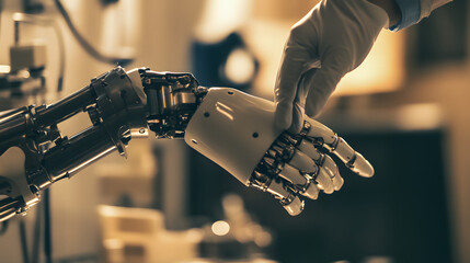 A person adjusting the socket of their prosthetic arm ensuring a snug and comfortable fit.