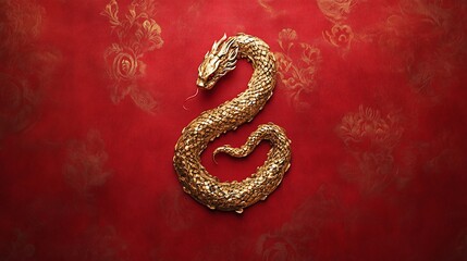 Fototapeta premium Golden Dragon on Red Background with Textured Floral Patterns, Symbolizing Power, Wisdom, and Prosperity in Eastern Culture and Mythology Displays Elegance and Rich Tradition