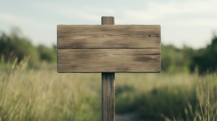 A blank wooden signpost stands in a grassy field, set against a backdrop of greenery and a clear sky, awaiting messages or directions.