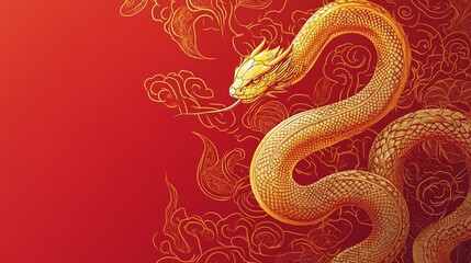 Obraz premium Golden Dragon Surrounded by Elegant Swirls and Cloud Patterns on a Vibrant Red Background, Evoking Power, Luck, and Traditional Asian Art Elements