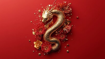 Obraz premium Golden Dragon Surrounded by Red Floral Elements and Decorative Accents on a Vibrant Red Background for Celebratory Themes and Cultural Festivities