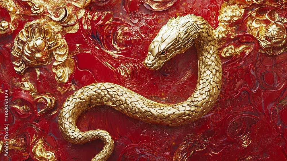 Poster golden serpent coiling on a vibrant red background with ornate patterns and swirls creating a luxuri