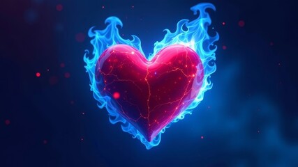 Obraz premium illustration of the red heart covered with blue flame, on a dull blue background