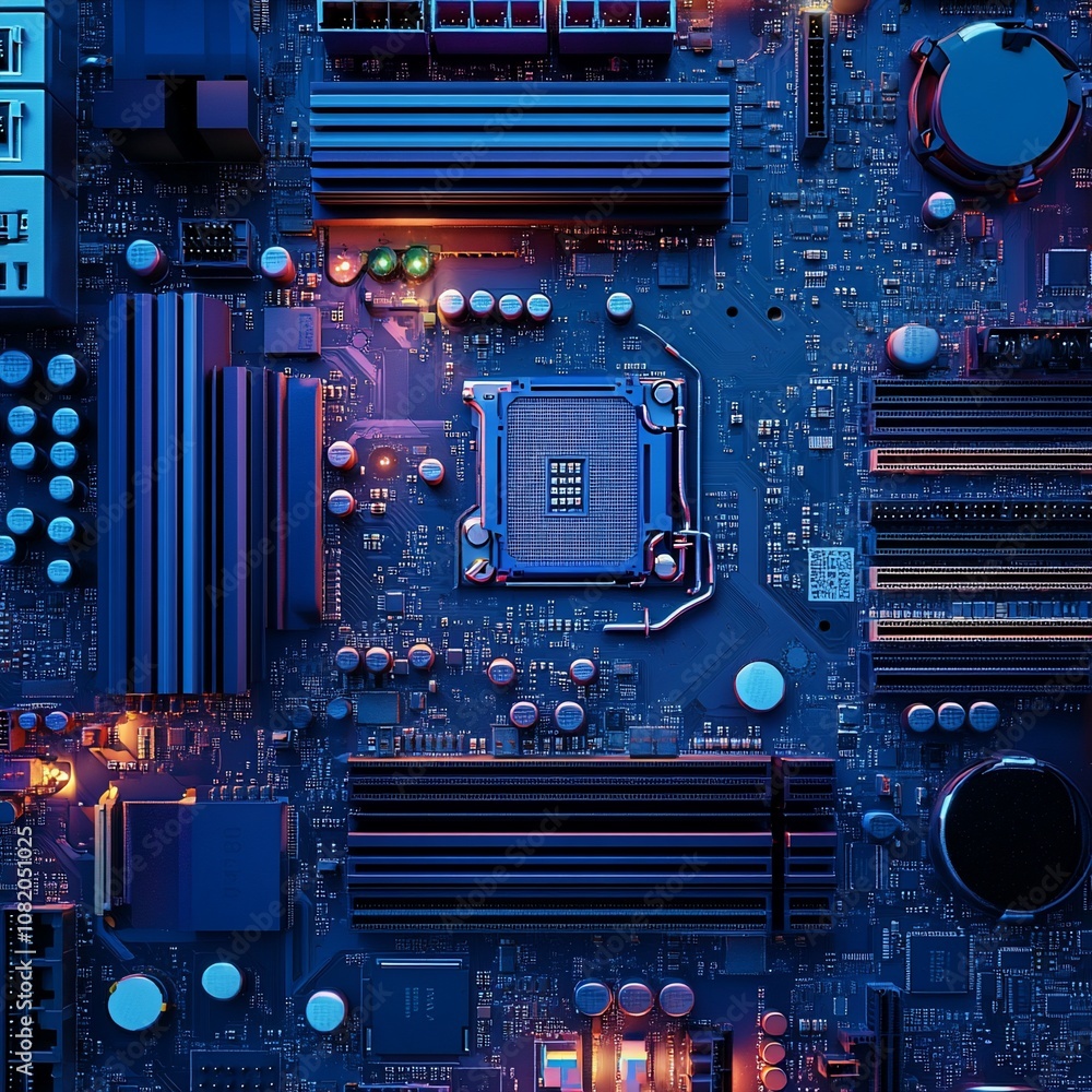 Aufkleber close-up of a computer motherboard with a glowing processor.