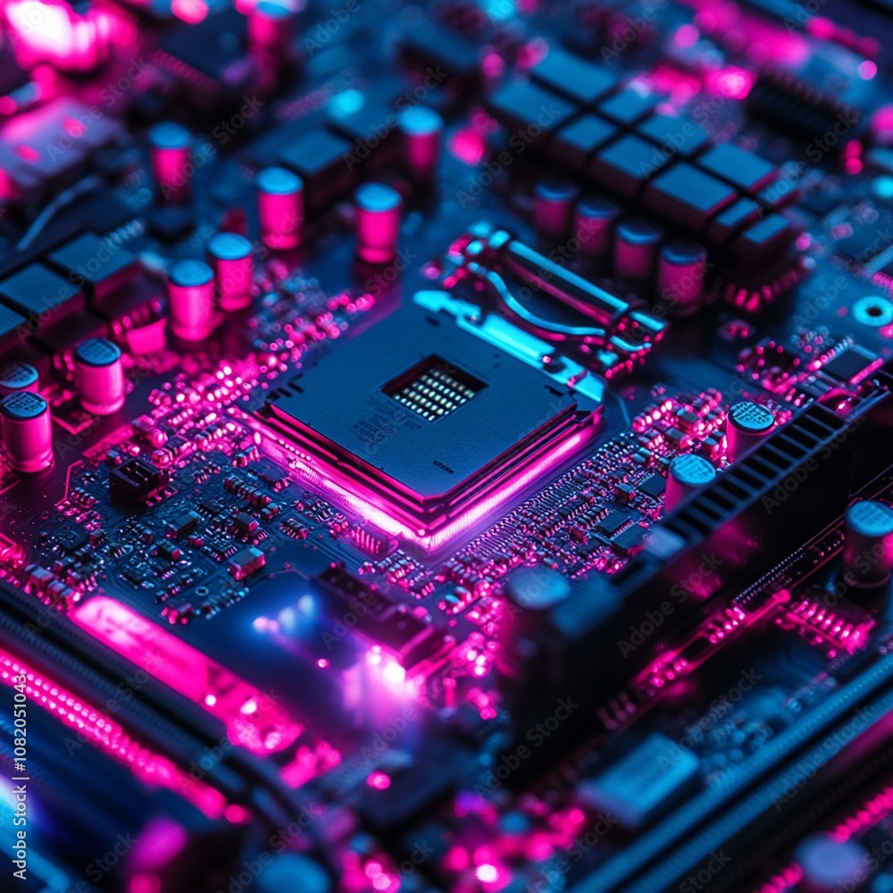 Poster Close-up of a computer motherboard with a processor in the center, illuminated by pink and blue neon lights.