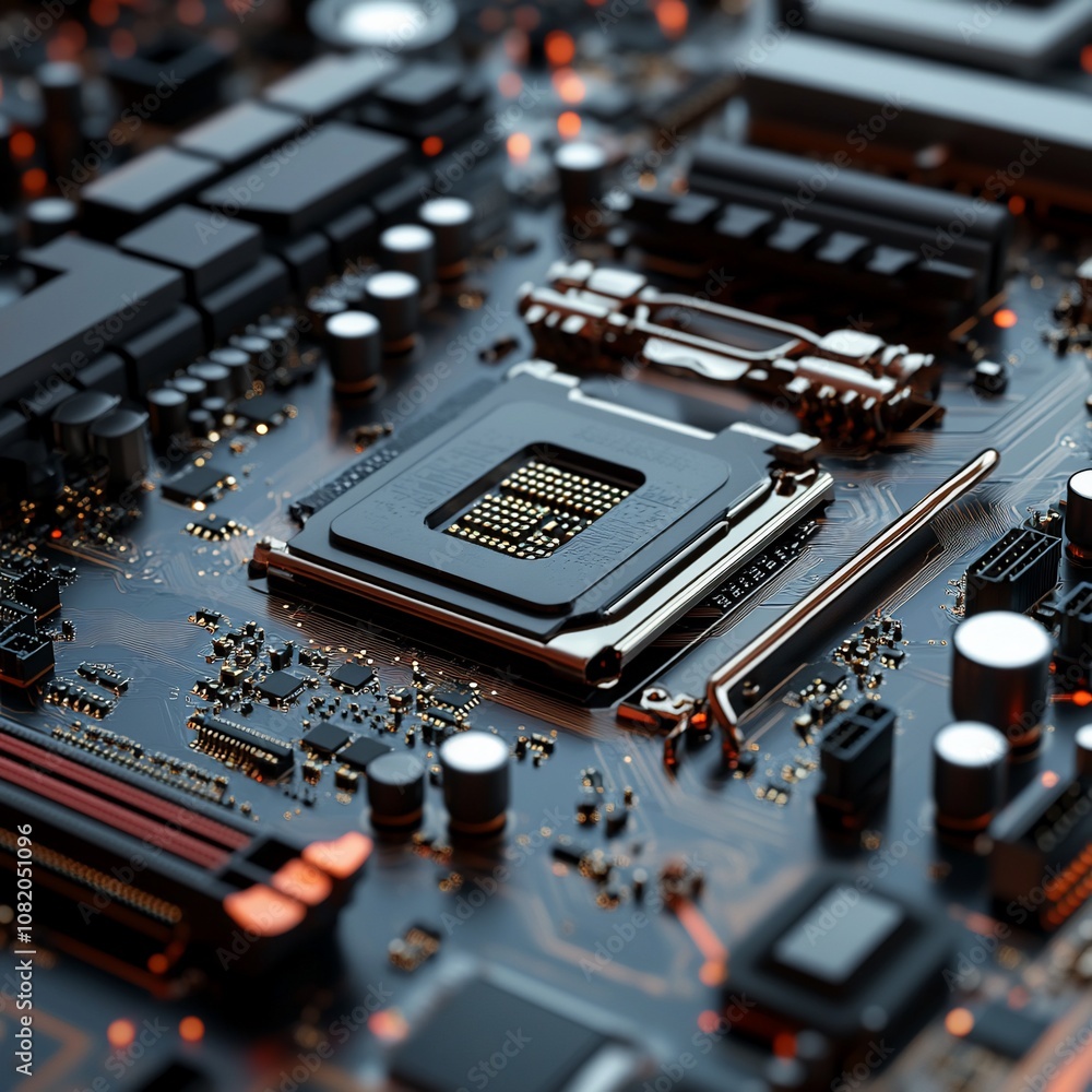 Aufkleber Close-up of a computer motherboard with a processor chip in the center.
