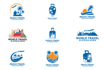Travel Logo Icon Design Vector, Travel Beach logo with Beach, palm, Plane
