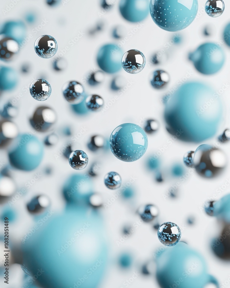 Poster floating blue and silver spheres abstract setting visual representation scientific environment close