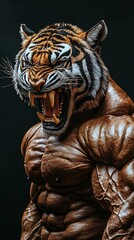 Ferocious Tiger Inspired Bodybuilder Flexing Powerful Muscles  Baring Teeth in Intense Hybrid Concept