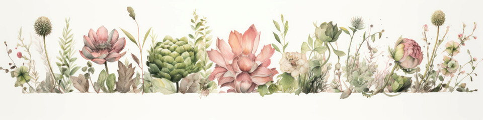 Various flowers and plants on a white background, showcasing vibrant colors and natural beauty.