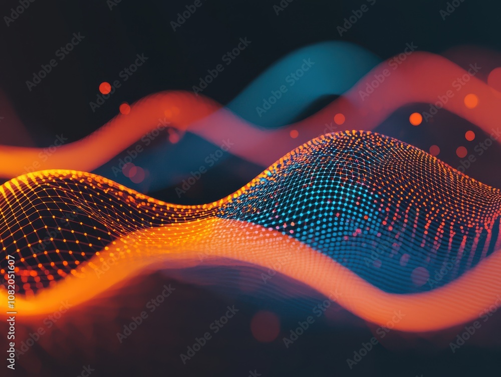 Poster dynamic wave patterns abstract visualization digital art technological environment close-up view inn