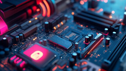 Close-up of a computer motherboard with glowing red circuits.