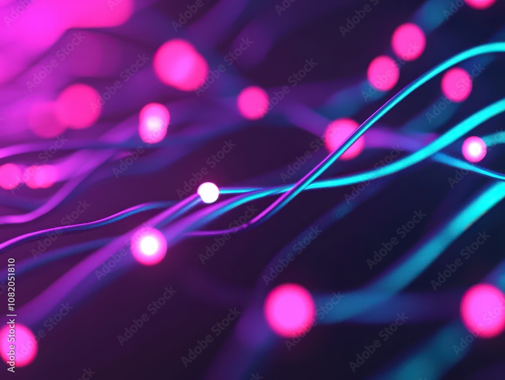Poster dynamic light waves and neon particles abstract digital environment graphic visualization futuristic