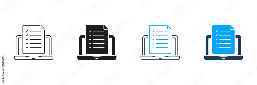 Poster online test on laptop line and silhouette icon set. computer with checklist pictogram. survey check 