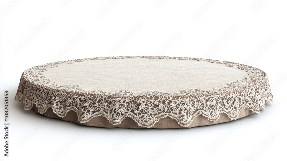 Poster a round table covered with a delicate lace tablecloth, showcasing intricate patterns and an elegant 