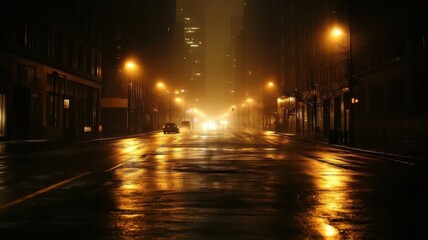 Dark, empty urban street at night with faint city lights through fog, streetlights off, occasional distant car alarm, eerie atmosphere highlighting sudden power loss in bustling city.