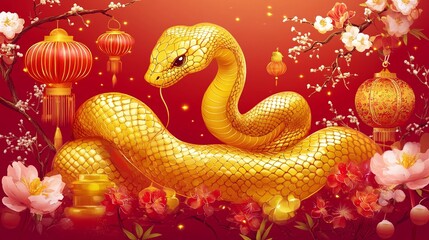 Fototapeta premium Golden Snake Surrounded by Cherry Blossoms, Lanterns, and Asian Decor in a Vibrant Red Background, Symbolizing Prosperity and Good Fortune During Celebrations