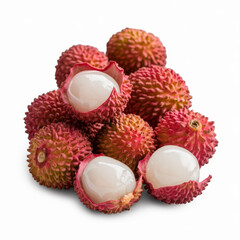 Fresh lychees showing translucent white flesh inside spiky red shells on white background