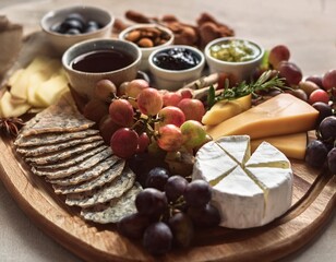 Sophisticated Wine and Charcuterie Board With Artisan Cheeses, Cured Meats, Fresh Fruit, and Herb Garnishes for a Refined and Luxurious Culinary Experience