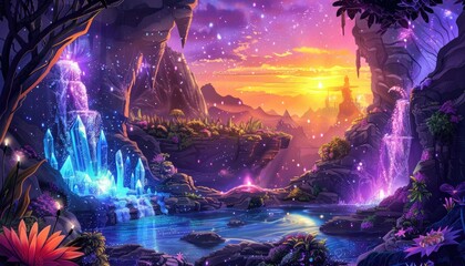 A fantasy landscape with glowing waterfalls and a crystal formation