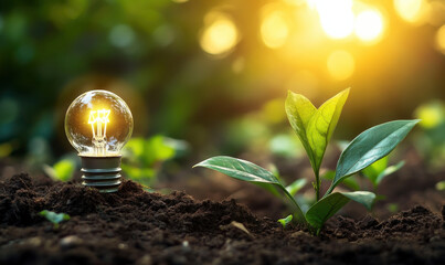 Light bulb in soil with green plant sprout, symbolizing new life and growth