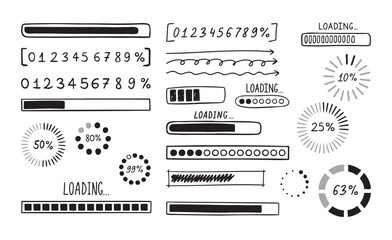 Loading bar doodle set. Hand drawn element line loading sketch style. Slow isolated download speed, progress status and internet load bar concept. 