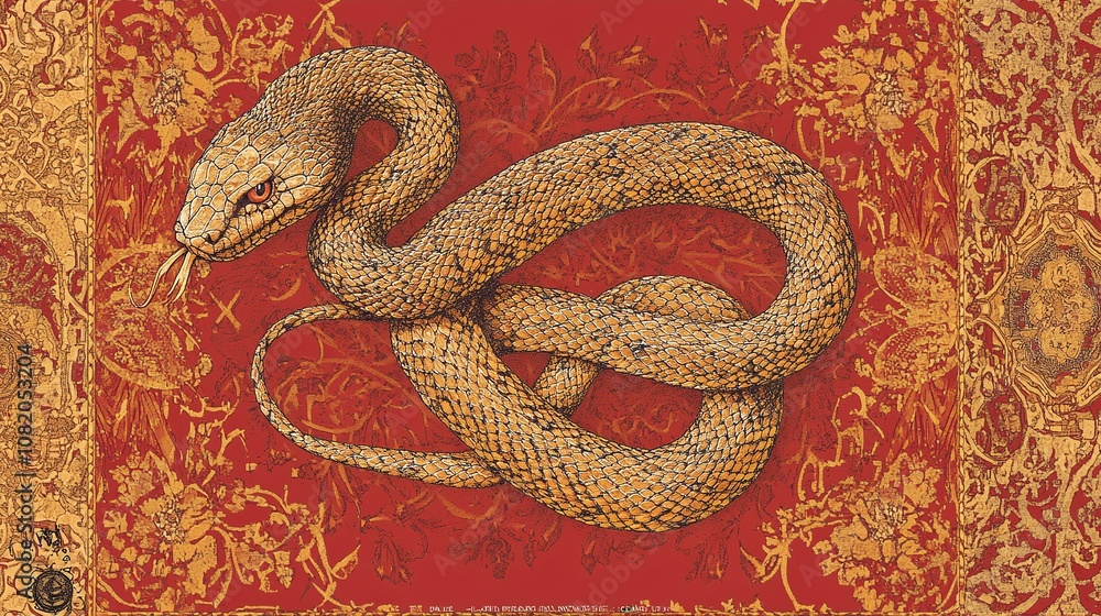 Poster intricate illustration of a large golden snake on ornate red background with detailed patterns and v