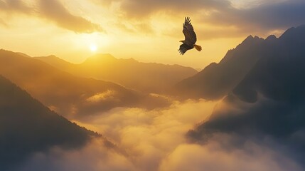 Bald eagle gliding over a misty mountain valley at sunrise, golden light illuminating the clouds and peaks below