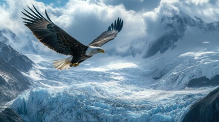 Bald eagle soaring over a glacier, with snow and ice glistening in the sunlight. Cold, pristine landscape