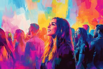 Celebratory gathering city festival digital art colorful environment upbeat viewpoint joyful connection