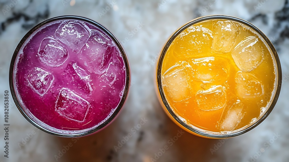 Poster bright and refreshing beverage selection featuring purple and yellow drinks with ice on a marble tab