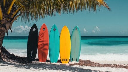 Brightly colored surfboards leaning against a palm tree on the beach, with turquoise ocean in the background