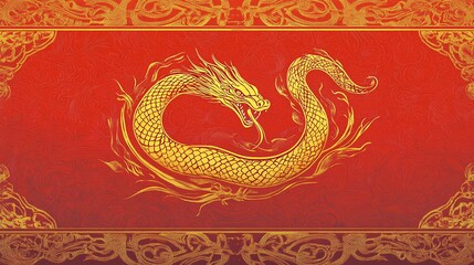 Obraz premium Majestic Golden Dragon on Vibrant Red Background with Intricate Patterns Ideal for Celebrating Culture and Tradition in Art and Design, Symbolizing Power and Strength