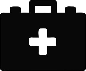 Obraz premium The image shows a black and white silhouette of a first aid kit. It is a rectangular box with a handle on top and a white cross in the