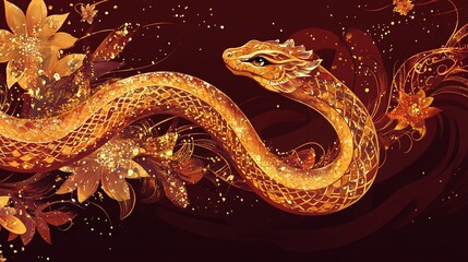 Fototapeta premium Majestic Golden Snake Illustration with Flowers and Sparkles on a Deep Red Background, Perfect for Celebrating Lunar Festivals and Cultural Events