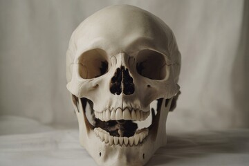 Fototapeta premium A close-up of a fake human skull on a white background, great for medical or spooky themed designs