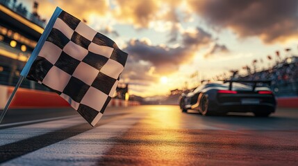 Checkered flag held by a race marshal in front of a fast-approaching car, ready to signal the finish.