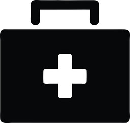 The image shows a black and white silhouette of a first aid kit. It is a rectangular box with a handle on top and a white cross in the