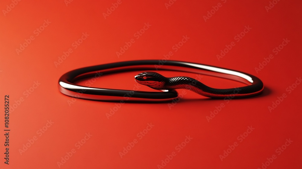 Poster realistic black snake slithering on vibrant red surface, showcasing intricate scales and sharp featu