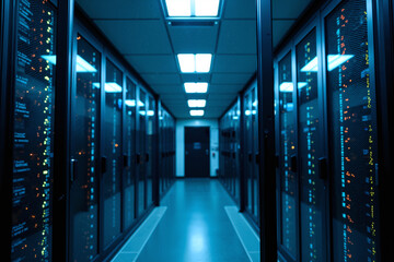 Data centre with racks containing network routers, cloud hosting computers and AI processing CPUs. A secure server room with locked glass door. Bitcoin mining, computing processing power concept.