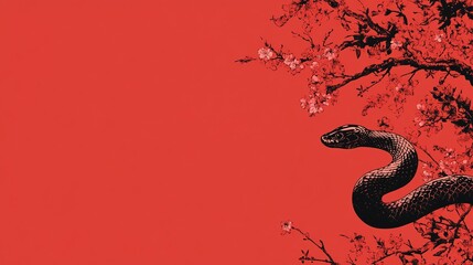 Obraz premium Serpent Coiling Around Cherry Blossom Branch Against Vibrant Red Background, Evoking Themes of Nature, Beauty, and Cultural Symbolism in Artistic Representation