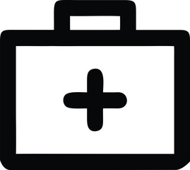 The image shows a black and white silhouette of a first aid kit. It is a rectangular box with a handle on top and a white cross in the