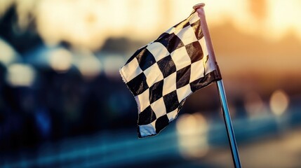 Checkered flag on a pole at a racing event, with spectators cheering in the blurred background.