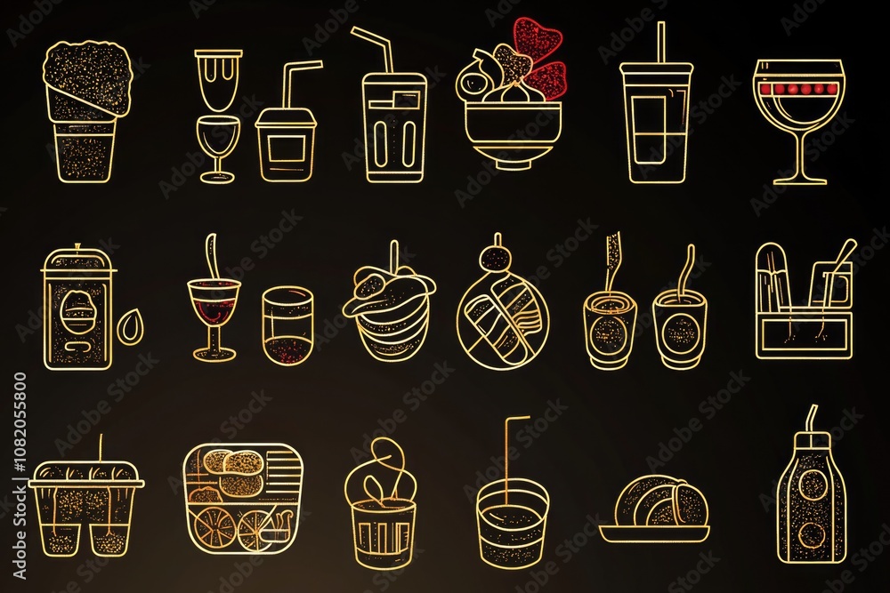 Poster a selection of different types of food and drinks displayed in a colorful arrangement
