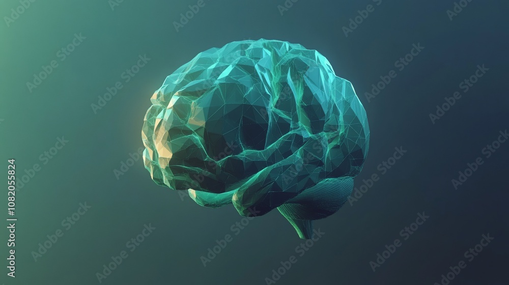 Poster low-poly 3d rendering of a human brain on a teal background.