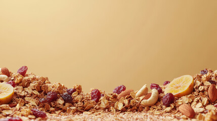 Delicious organic granola with nuts and dried fruits scattered on golden background, creating warm and inviting atmosphere