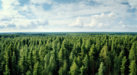 Aerial view of a lush green forest under a blue sky with fluffy white clouds.