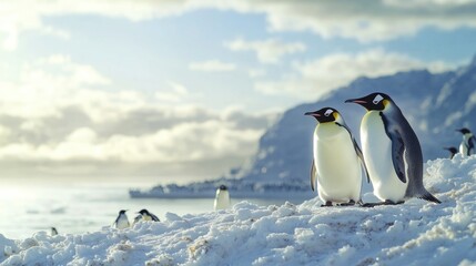 Fototapeta premium Two penguins standing together on snowy terrain, perfect for winter or wildlife-themed projects