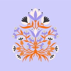 Folk floral symmetrical arrangement. Traditional slavic scandinavian ornament with rustic embroidery motifs. Clean flat minimal geometric shapes in unique reflected elegant print.