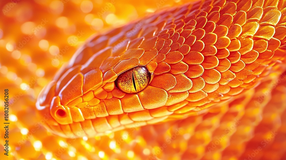 Poster striking close-up of an orange scaled snake with intricate patterns and glimmering eye under soft li